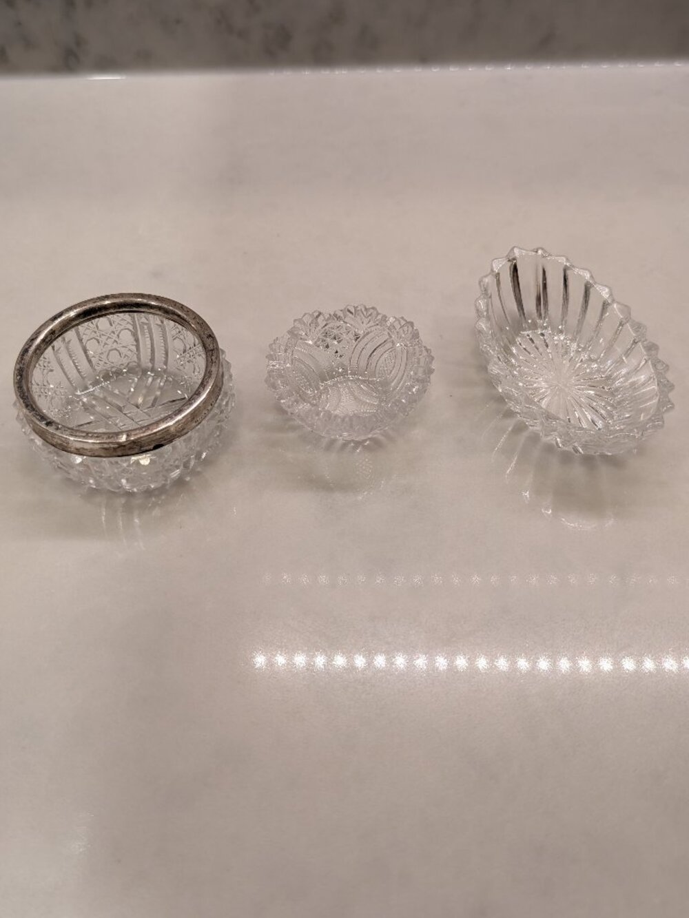 Vintage Crystal & Glass Open Salt Cellars - Set of 3 (Birks Sterling & Heisey)